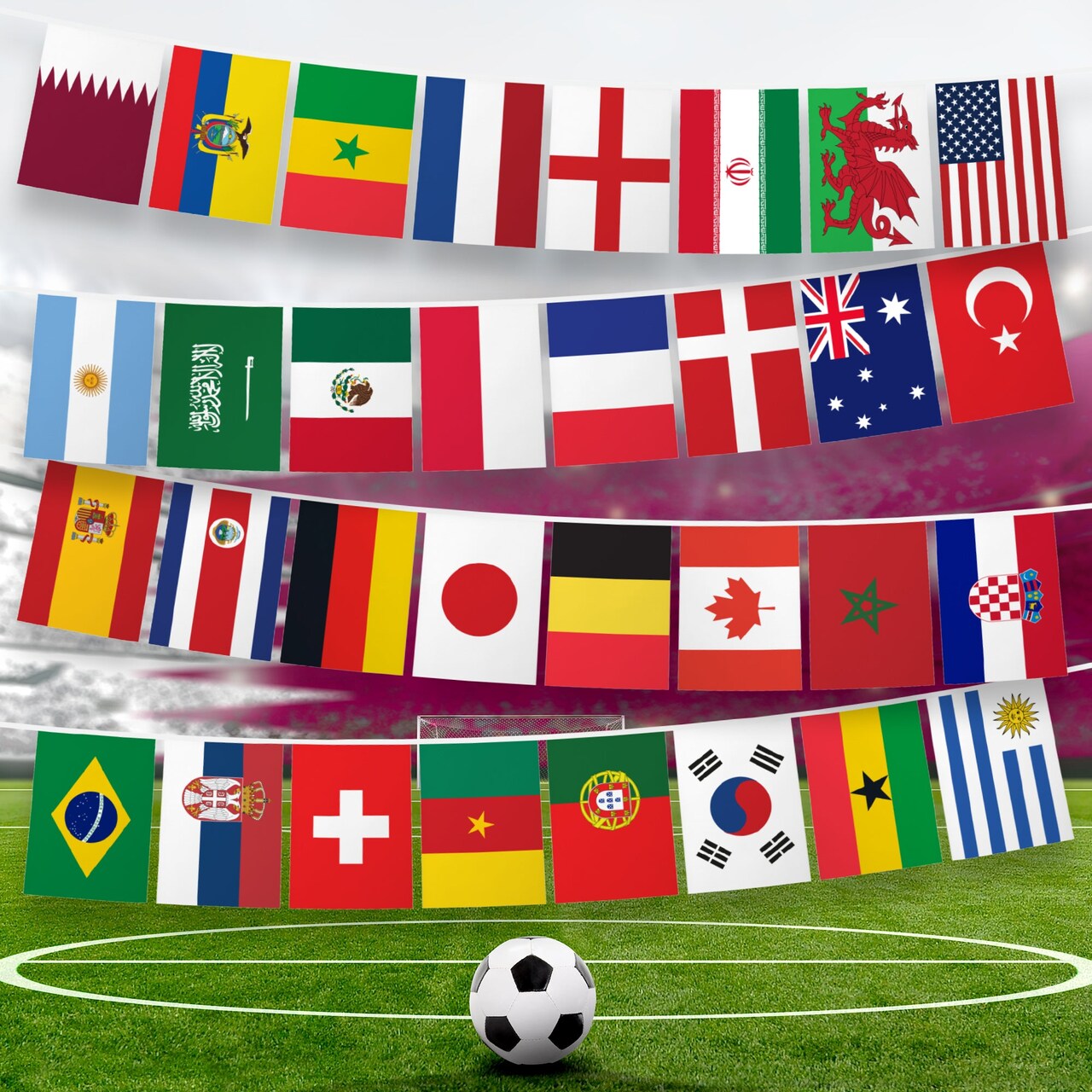 G128 2022 World Cup Bunting Banner | Flag 8.2 x 5.5 Inch, Full String 33 Feet | LiteWeave Pro Series Printed 150D Poly | String Flag Decor for Fan Club Party, Soccer Events, World Cup Fan Celebration